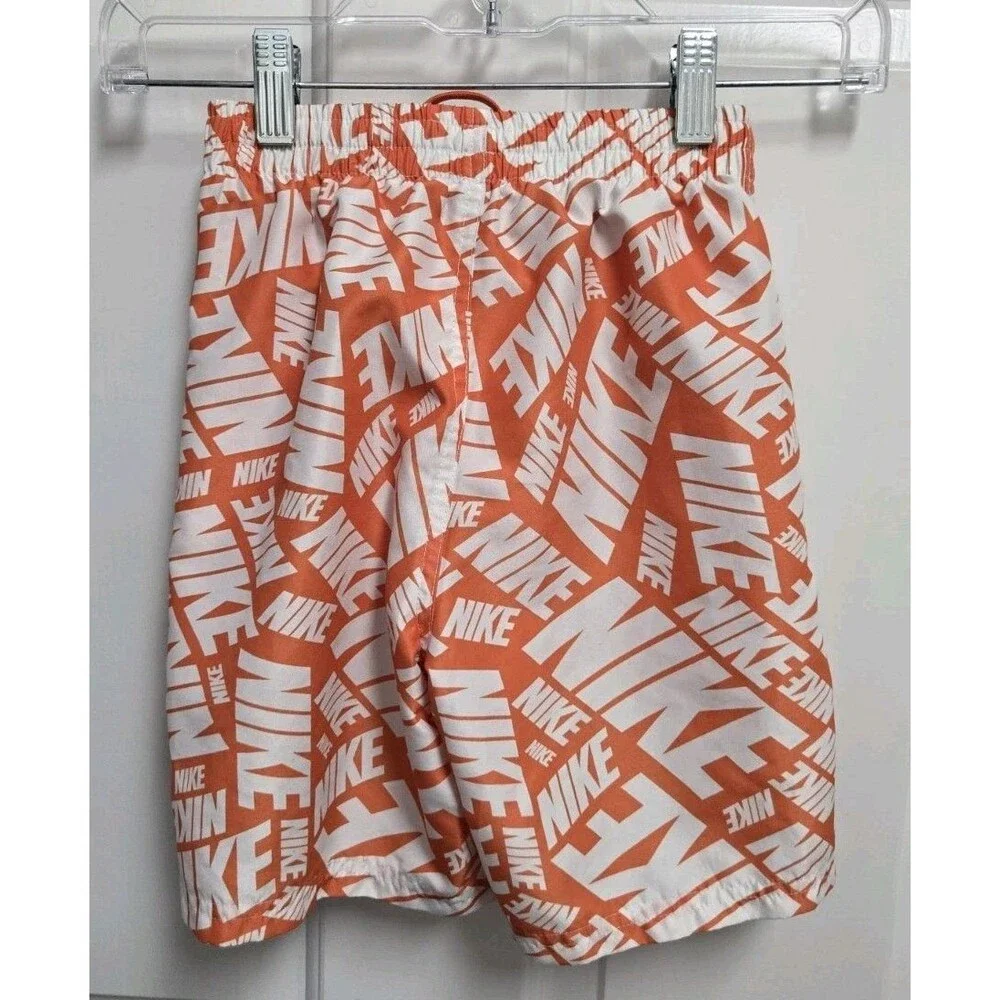 Nike Kids Swim Shorts Size S Orange White Graphic Swimwear Trunks
